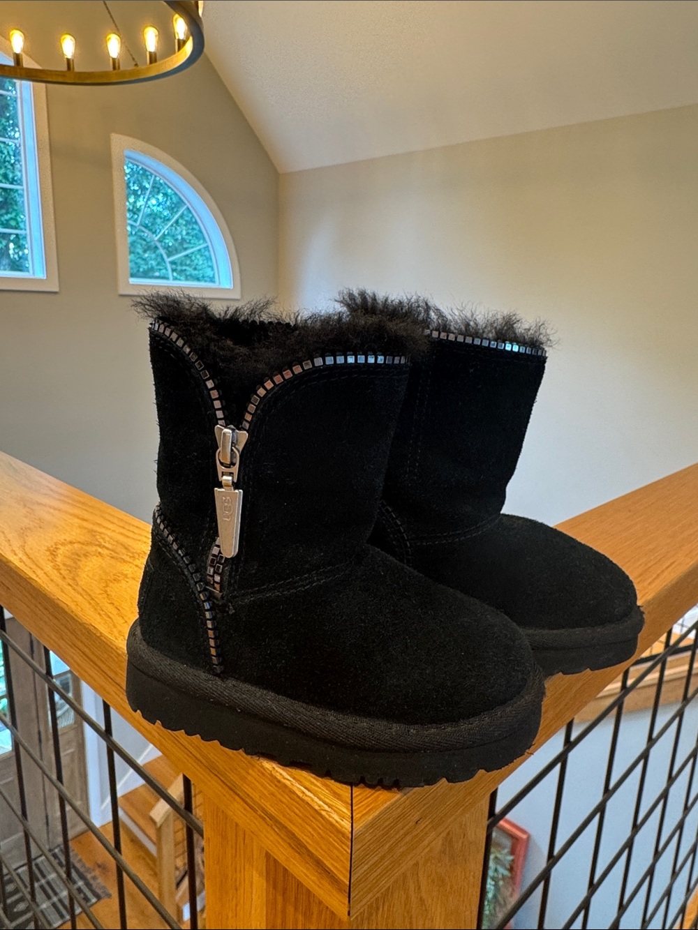 UGG Kids Black Faux Fur Zip Boots with Sparkle Trim Accent